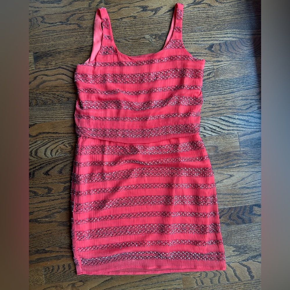 Aqua Bloomingdale’s Metallic Coral Pink beaded cocktail dress XS